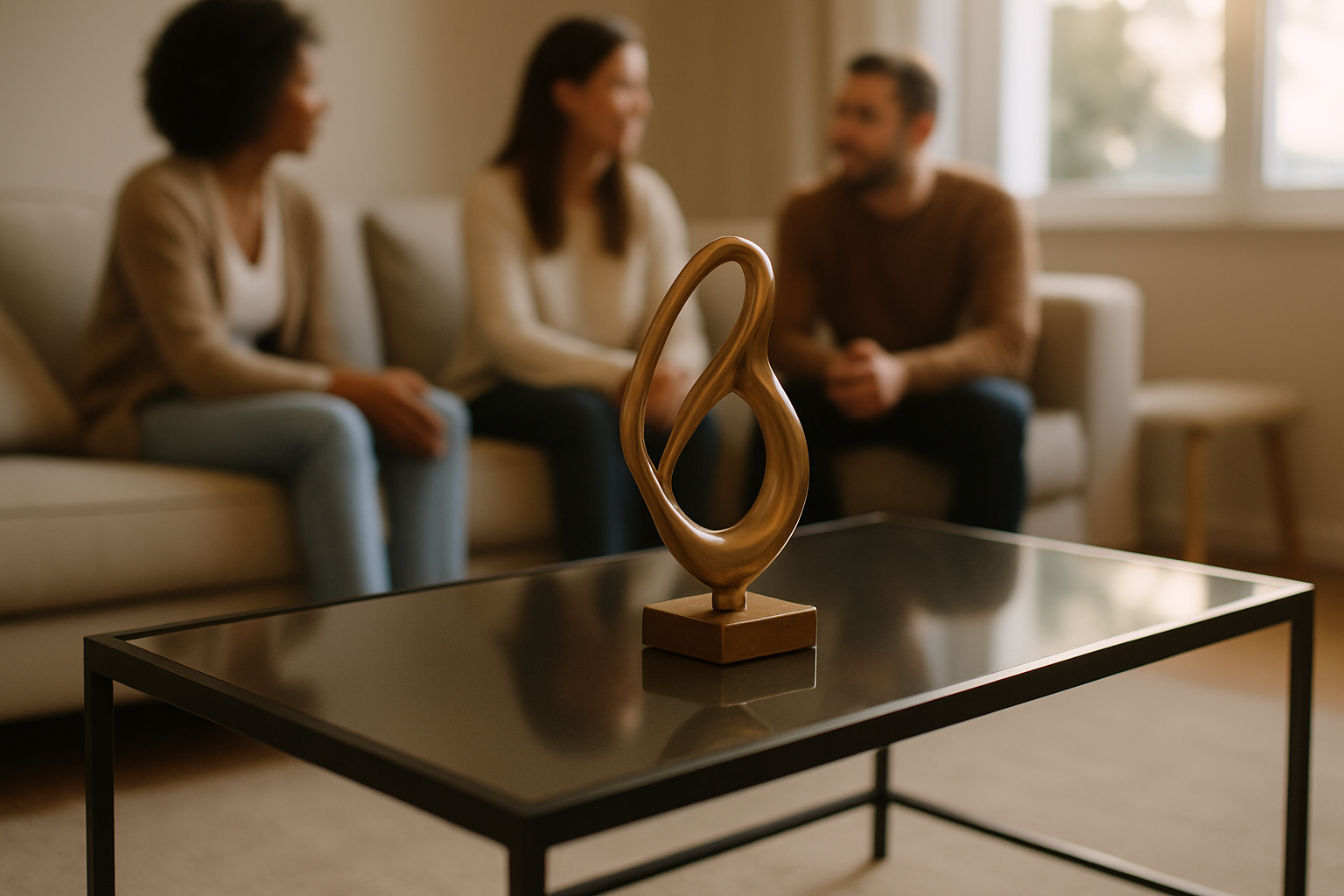 crea una imagen de una mesita de centro minimalista moderna con una cubierta rectangular de vidrio templado color filtrasol o gris encima coloca un adorno moderno sobre la cubierta de vidrio filtrasol, al fondo coloca unas 3 personas sentadas en una sala conversando ligeramente desenfocadas y una ventana que deja pasar la luz, recrea el ambiente familiar y realista