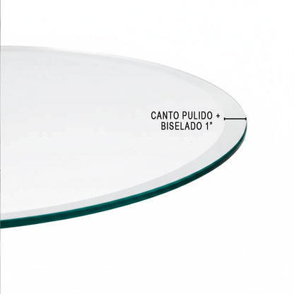 Cubierta circular vidrio claro templado con canto pulido y biselado de 1 pulgada