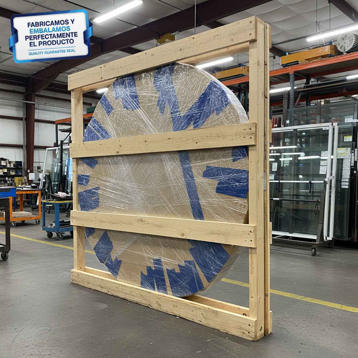 Cubierta Circular Vidrio Claro Templado empaquetada en marco de madera en fábrica VitroTemp