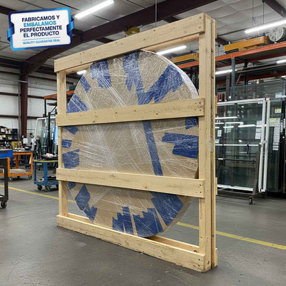 Cubierta Circular Vidrio Claro Templado empaquetada en marco de madera en fábrica VitroTemp