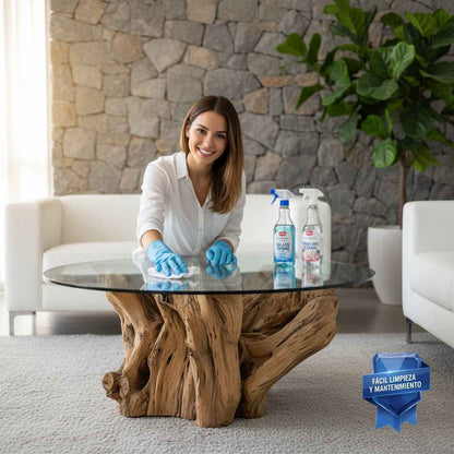 Cubierta Circular Vidrio Claro Templado sobre mesa de madera natural con mujer limpiando con guantes azules