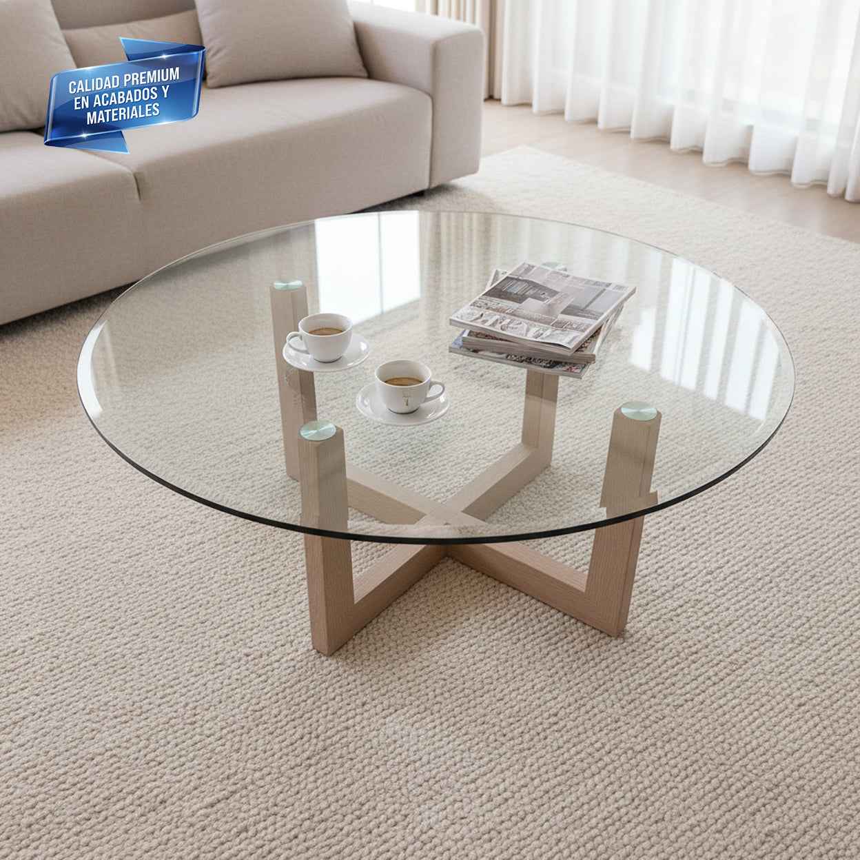 Cubierta Circular Vidrio Claro Templado VitroTemp sobre mesa de sala con base de madera