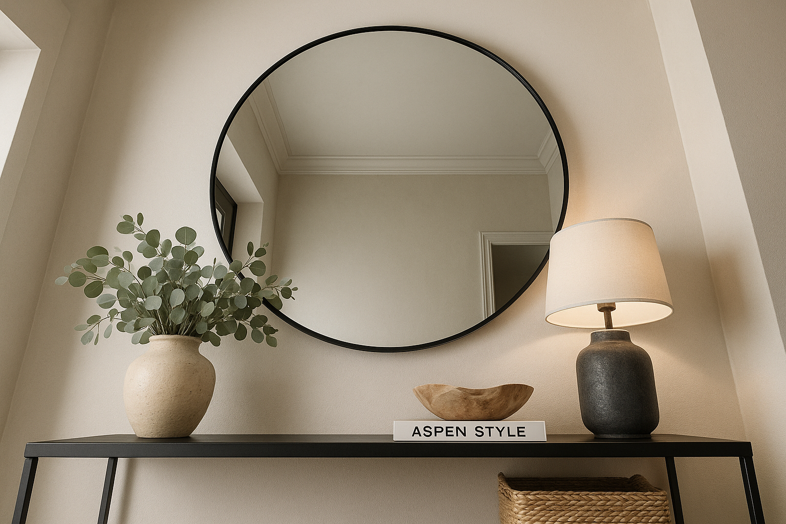 Espejo redondo colgado en recibidor