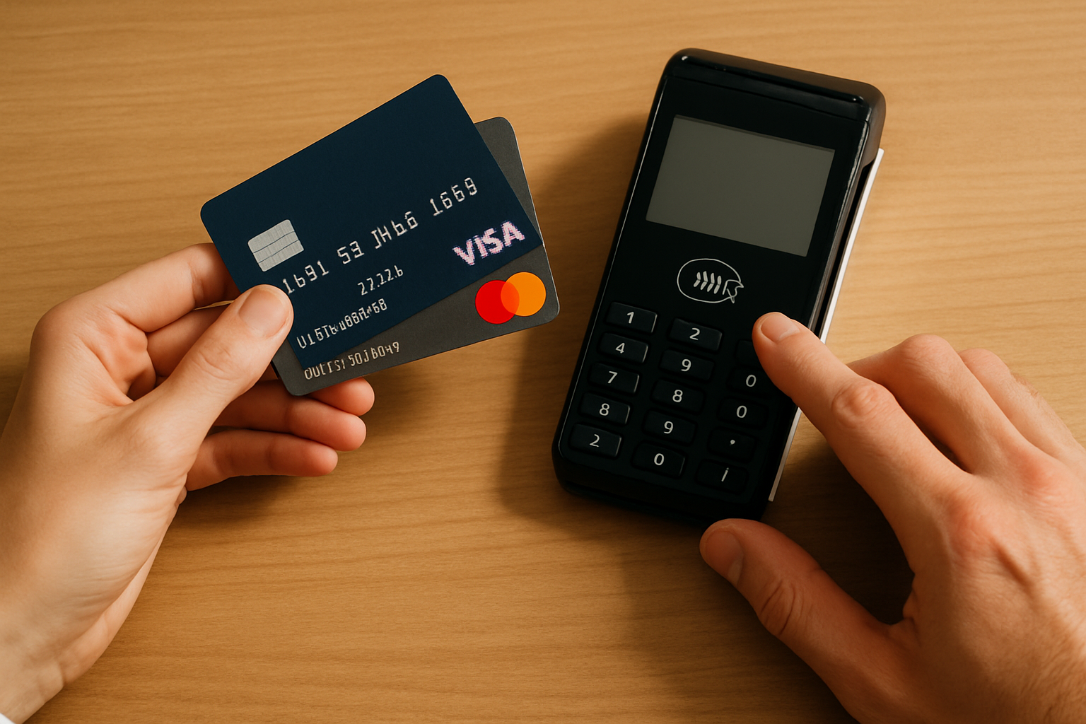 Imagen de tarjetas Visa y Mastercard con dispositivo de cobranza