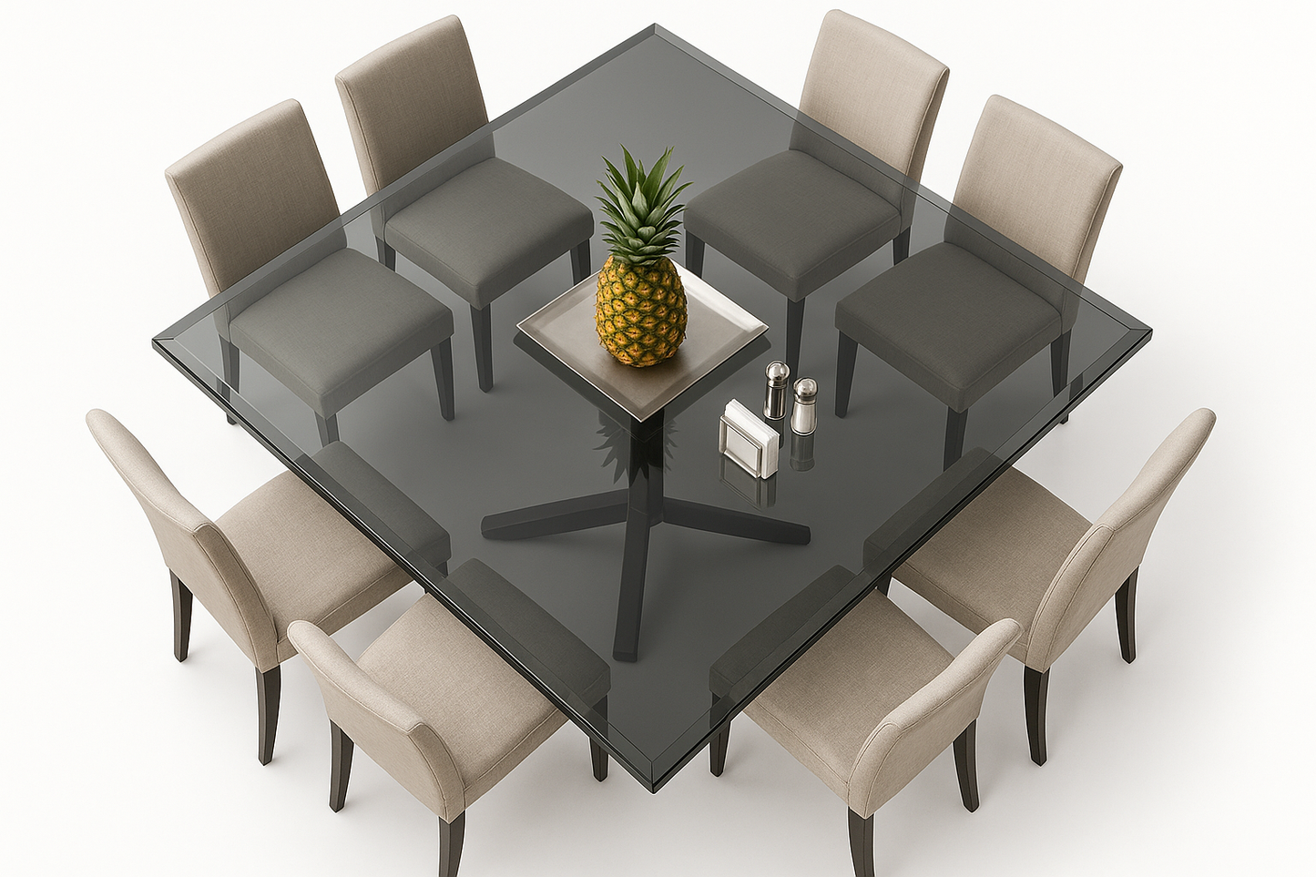 Mesa 140cm con base moderna, vidrio gris oscuro, 8 sillas, piña y accesorios - fondo blanco superior