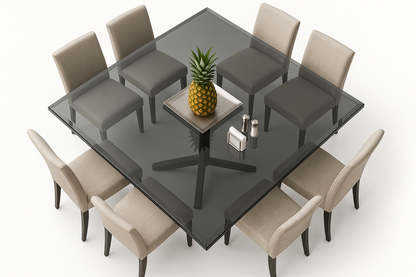 Mesa 140cm con base moderna, vidrio gris oscuro, 8 sillas, piña y accesorios - fondo blanco superior