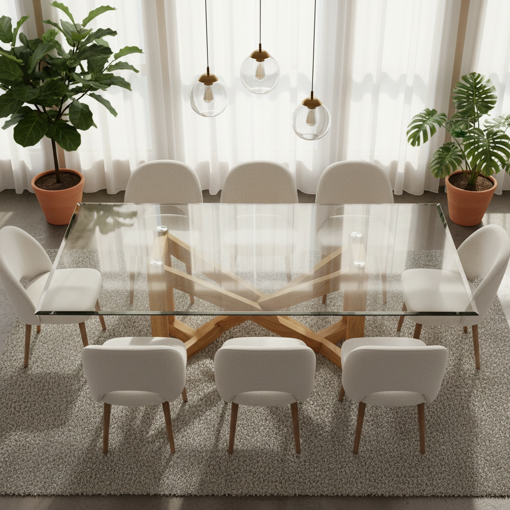 Cubierta Rectangular Vidrio Claro Templado para mesa de 8 personas con acabado biselado de 1 pulgada – VitroTemp