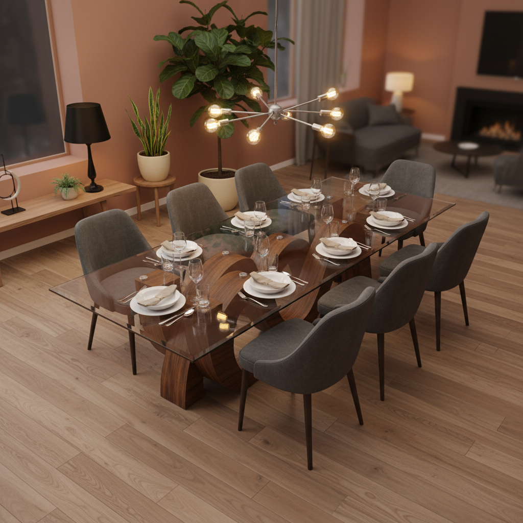 Mesa con 8 sillas preparada para cena