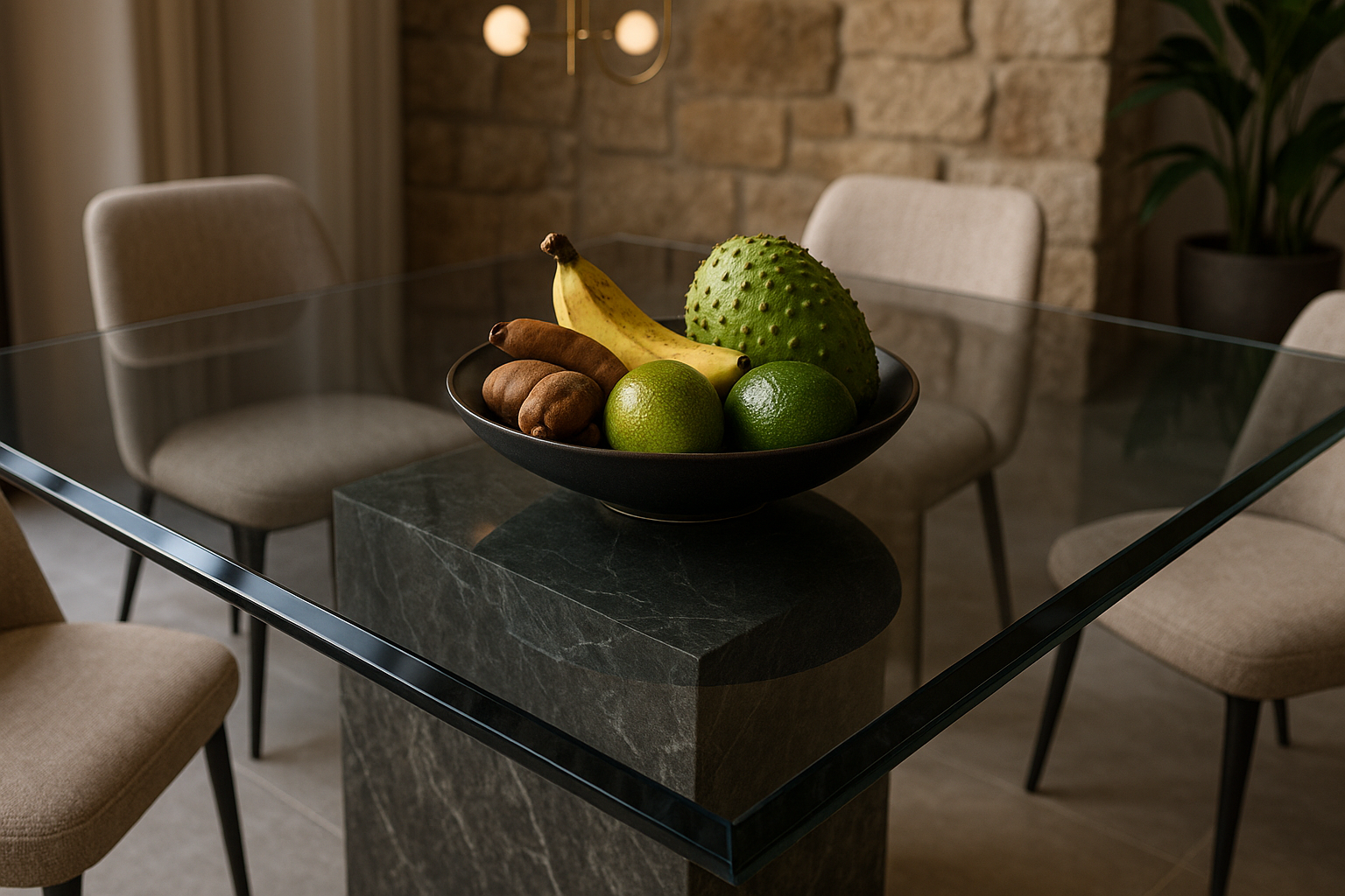 Mesa con base de mármol y vidrio gris oscuro HIPER realista vista desde esquina - frutero elegante