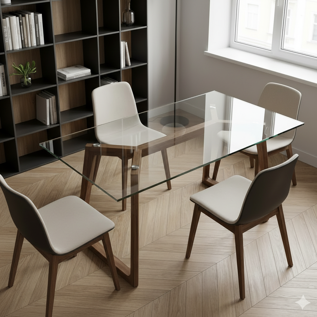 Mesa de vidrio con 4 sillas detalle angular