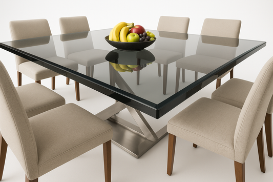 Mesa desde ángulo bajo con 8 sillas y acabado biselado destacado - fondo blanco