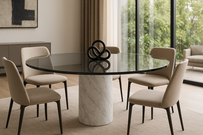 Mesa vista a nivel de ojos con precisamente 4 sillas a 90 grados