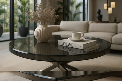 Mesita desde ángulo bajo con café y libros - acabado biselado destacado - VitroTemp