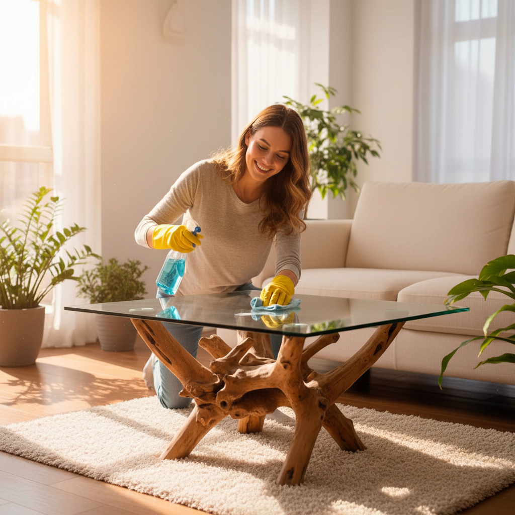Mujer limpiando mesa de vidrio templado