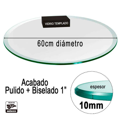 Cubierta circular de vidrio templado VitroTemp 60 cm de diámetro con acabado pulido y biselado de 10 mm