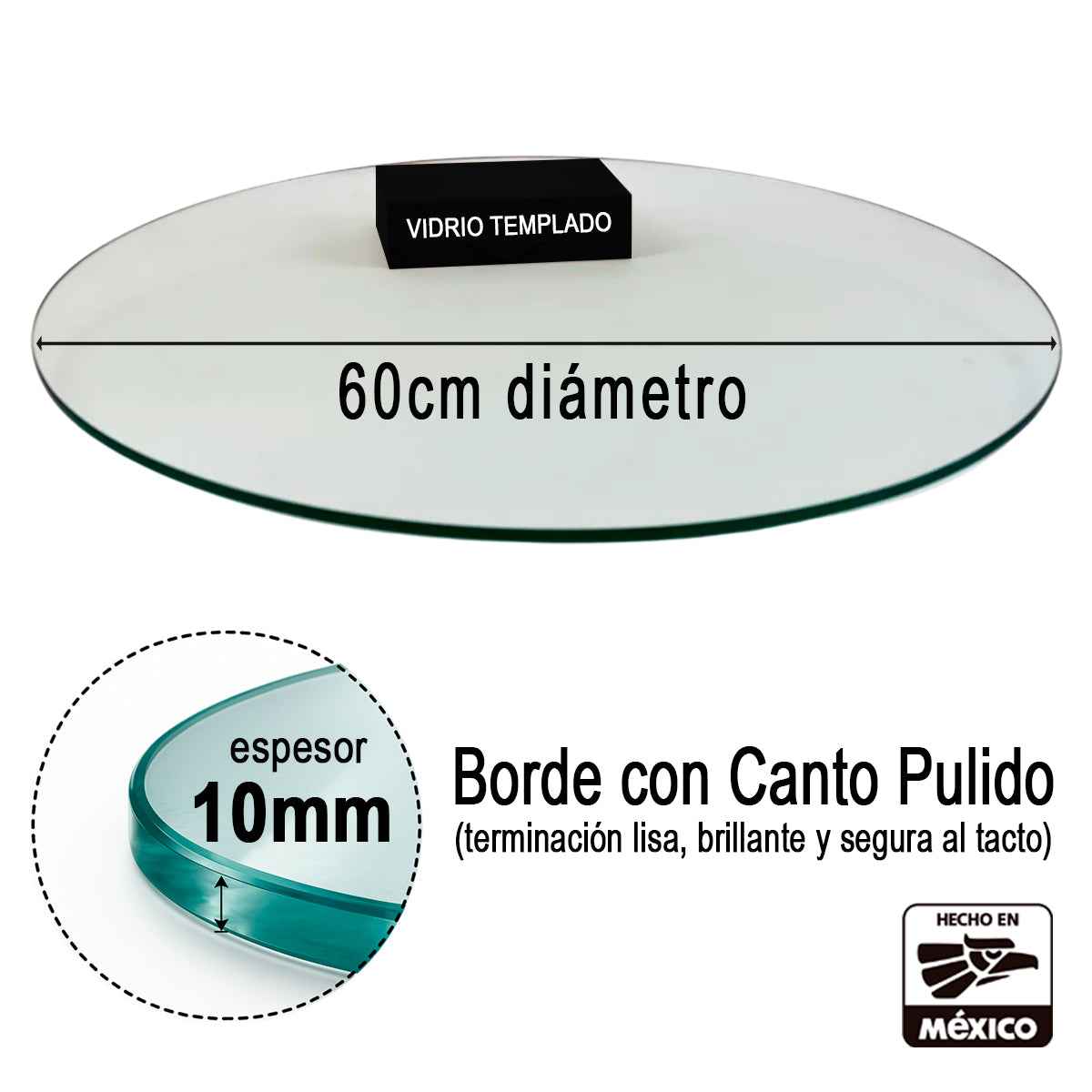 Cubierta circular de vidrio templado de 60 cm de diámetro y 10 mm de espesor con borde pulido VitroTemp