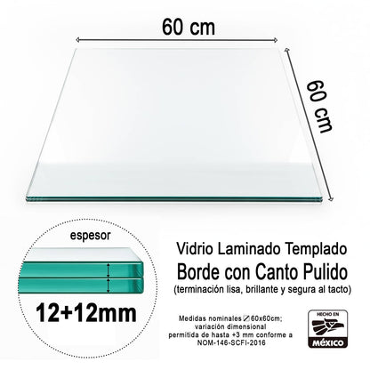 Cubierta cuadrada vidrio claro templado VitroTemp 60x60 cm vidrio laminado templado claro con borde pulido